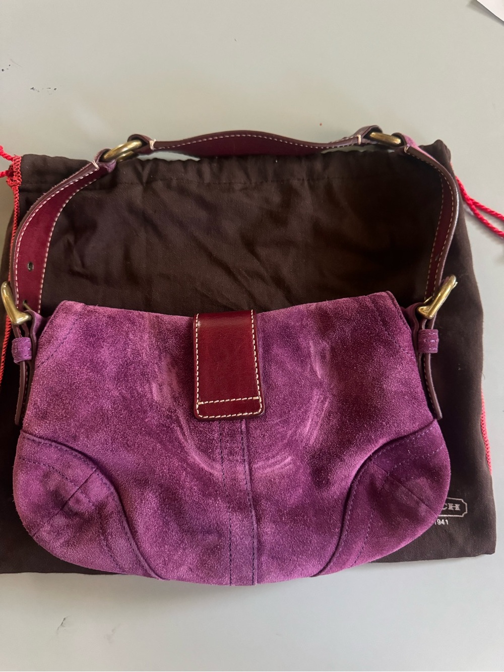 NWOT Vintage Y2K Coach Plum Suede Shoulder Bag with Leather Trim - Picture 2 of 10